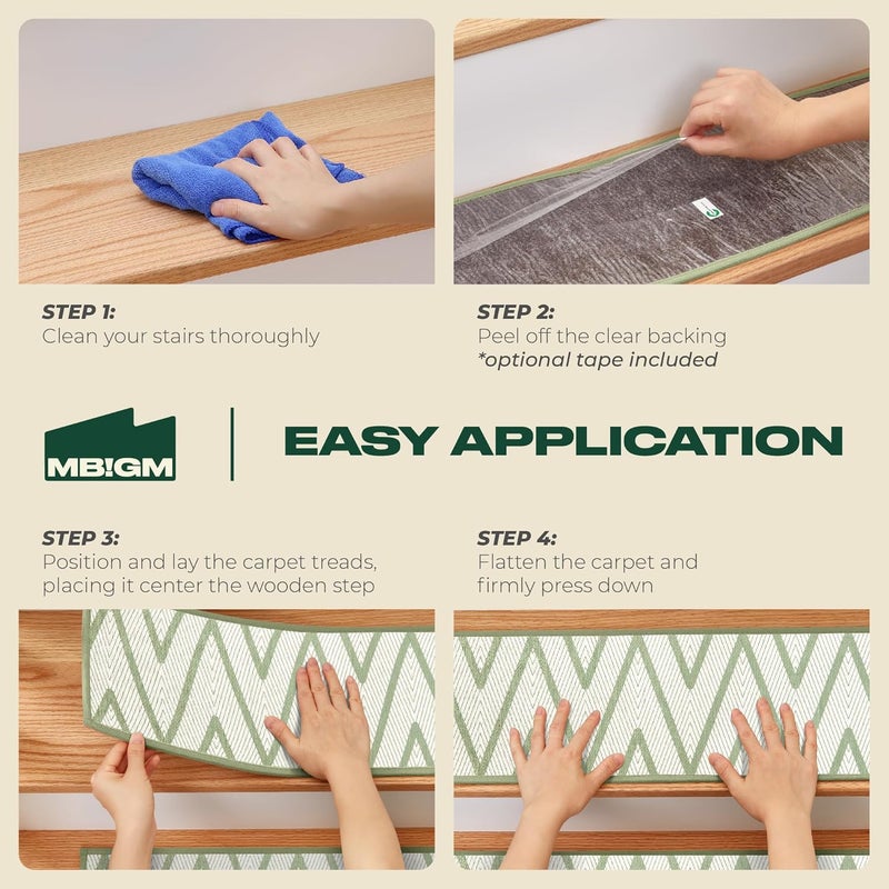 MBIGM 8" X 30" (15 in Pack) Non-Slip Carpet Stair Treads Non-Skid Safety Rug Slip Resistant Indoor Runner for Kids Elders & Pets with Reusable Adhesive - Ripple Green - Image 4